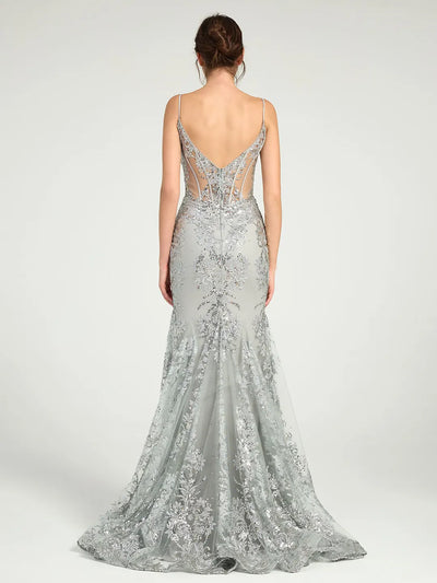 Carlyna Long Fit & Flare Corset Prom Dress with Glittering Floral Embellishments