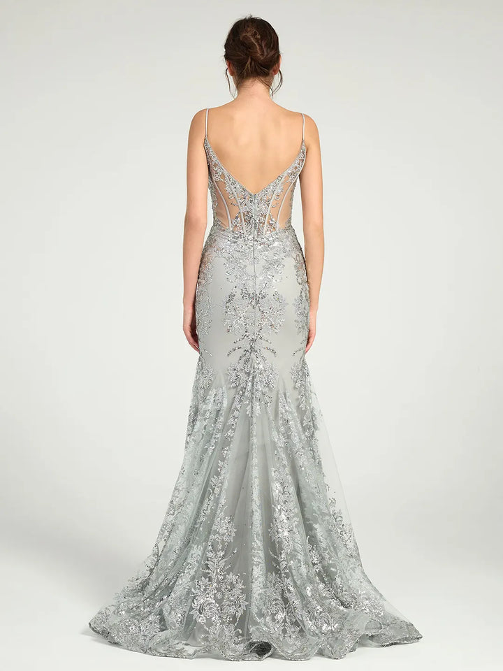Elegant Silver Corset Prom Dress with Glittering Floral Embellishments