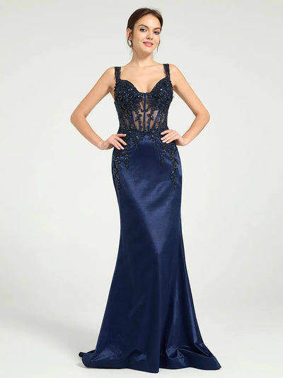 Carlyna Stretch Jersey Fit & Flare Prom Gown with Sheer Bead & Lace Embellished Bodice