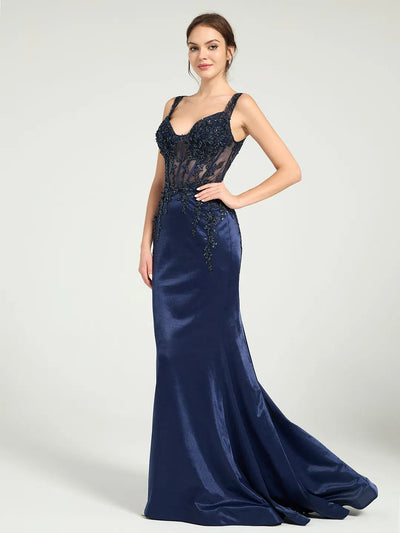 Carlyna Stretch Jersey Fit & Flare Prom Gown with Sheer Bead & Lace Embellished Bodice