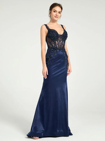 Carlyna Stretch Jersey Fit & Flare Prom Gown with Sheer Bead & Lace Embellished Bodice
