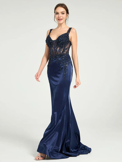 Carlyna Stretch Jersey Fit & Flare Prom Gown with Sheer Bead & Lace Embellished Bodice