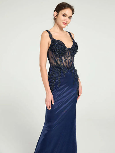 Carlyna Stretch Jersey Fit & Flare Prom Gown with Sheer Bead & Lace Embellished Bodice