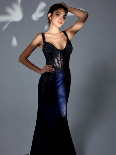 Carlyna Stretch Jersey Fit & Flare Prom Gown with Sheer Bead & Lace Embellished Bodice