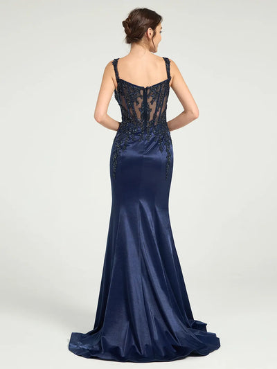 Carlyna Stretch Jersey Fit & Flare Prom Gown with Sheer Bead & Lace Embellished Bodice