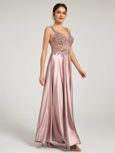 Carlyna V-Neck Beaded Floral Bustier Lace-Up Satin Maxi Formal Dress