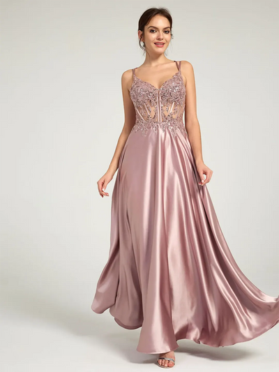 Carlyna V-Neck Beaded Floral Bustier Lace-Up Satin Maxi Formal Dress