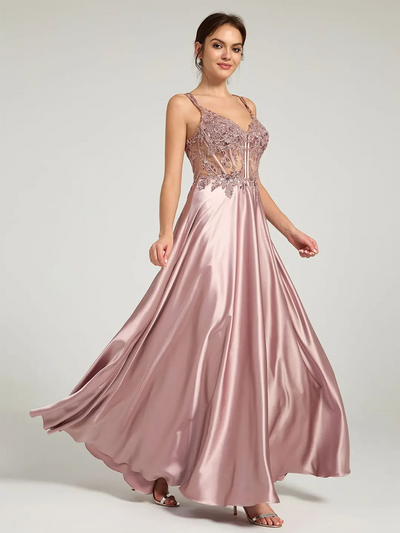 Carlyna V-Neck Beaded Floral Bustier Lace-Up Satin Maxi Formal Dress