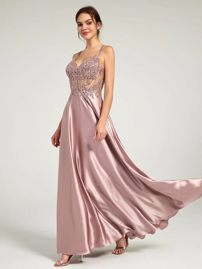 Carlyna V-Neck Beaded Floral Bustier Lace-Up Satin Maxi Formal Dress