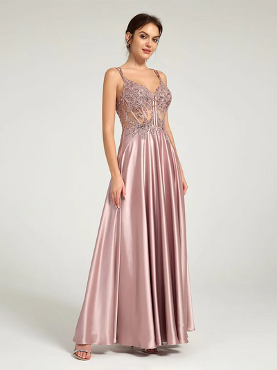 Carlyna V-Neck Beaded Floral Bustier Lace-Up Satin Maxi Formal Dress