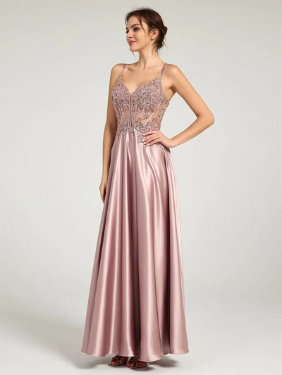 Carlyna V-Neck Beaded Floral Bustier Lace-Up Satin Maxi Formal Dress