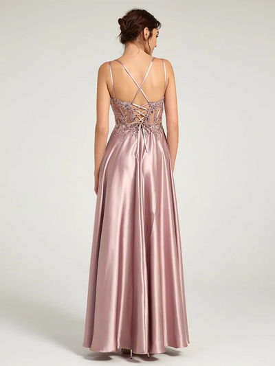 Carlyna V-Neck Beaded Floral Bustier Lace-Up Satin Maxi Formal Dress