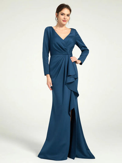 V-Neck Ruched Sheath Maxi Dress with Drape Detail and Leg Slit