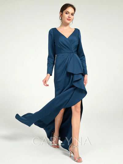 V-Neck Ruched Sheath Maxi Dress with Drape Detail and Leg Slit