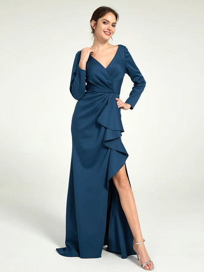 V-Neck Ruched Sheath Maxi Dress with Drape Detail and Leg Slit