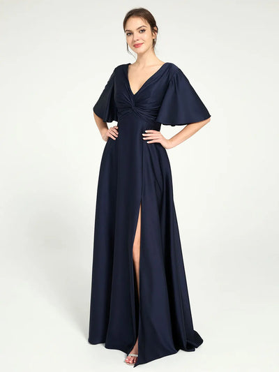 V-Neck Satin A-Line Maxi Dress with Leg Slit Formal Evening Gown