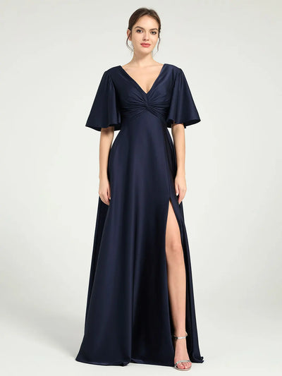 V-Neck Satin A-Line Maxi Dress with Leg Slit Formal Evening Gown