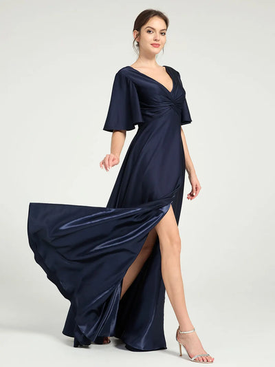 V-Neck Satin A-Line Maxi Dress with Leg Slit Formal Evening Gown