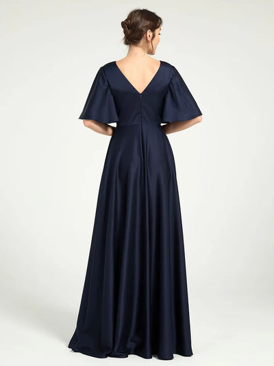 V-Neck Satin A-Line Maxi Dress with Leg Slit Formal Evening Gown