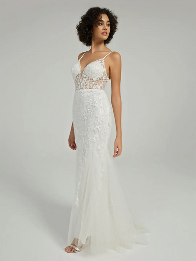 Carlyna V-Neck Lace-Up Mermaid Tulle Maxi Formal Prom Dress with Sequin Lace