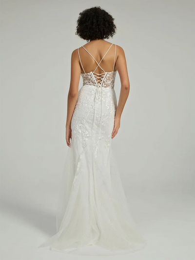 Carlyna V-Neck Lace-Up Mermaid Tulle Maxi Formal Prom Dress with Sequin Lace