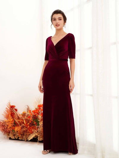 Carlyna Flora Sheath Burgundy Velvet Bridesmaid Dress Maxi Half Sleeve V-Neck Dress Front View #color_burgundy