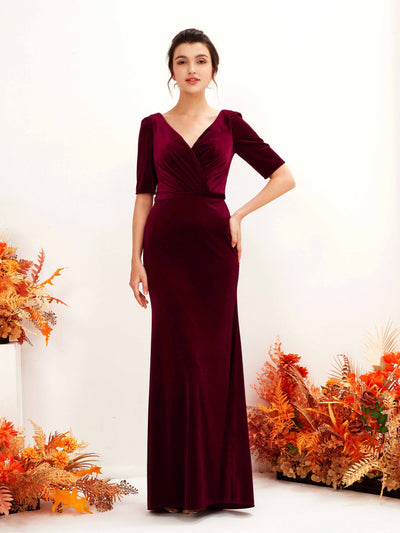 Carlyna Flora Sheath Burgundy Velvet Bridesmaid Dress Maxi Half Sleeve V-Neck Dress Side View 2 #color_burgundy