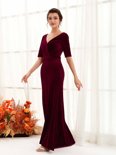 Carlyna Flora Sheath Burgundy Velvet Bridesmaid Dress Maxi Half Sleeve V-Neck Dress Side View 4 #color_burgundy