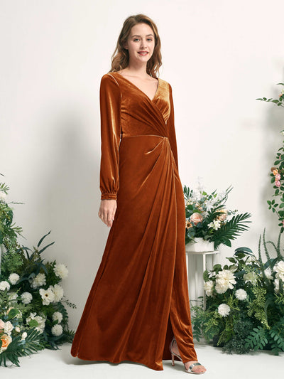 Carlyna Renata Mermaid Burant Orange Velvet Bridesmaid Dress Maxi Long Sleeve V-Neck  #color_burant-orange