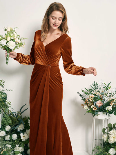 Carlyna Renata Mermaid Burant Orange Velvet Bridesmaid Dress Maxi Long Sleeve V-Neck  #color_burant-orange