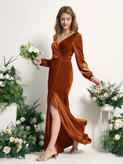 Carlyna Renata Mermaid Burant Orange Velvet Bridesmaid Dress Maxi Long Sleeve V-Neck  #color_burant-orange