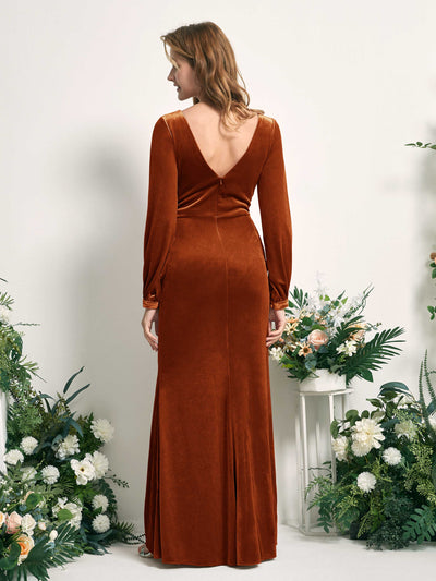 Carlyna Renata Mermaid Burant Orange Velvet Bridesmaid Dress Maxi Long Sleeve V-Neck  #color_burant-orange