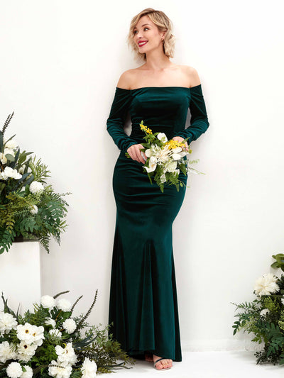 Carlyna Elaine Mermaid Hunter Green Velvet Bridesmaid Dress Maxi Long Sleeve Off the Shoulder Front View #color_hunter-green