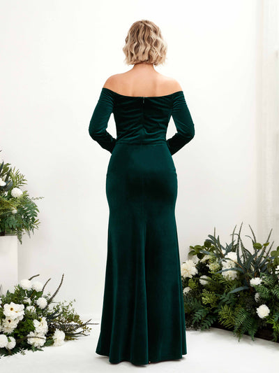 Carlyna Elaine Mermaid Hunter Green Velvet Bridesmaid Dress Maxi Long Sleeve Off the Shoulder Back View #color_hunter-green