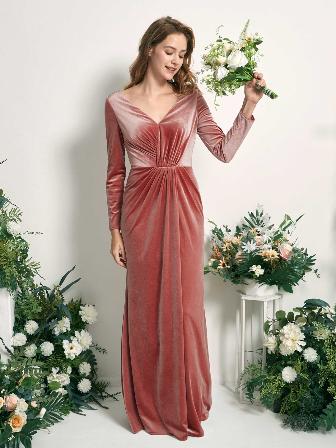 Dusty Rose Velvet Bridesmaid Dress Mermaid Long Sleeve V-Neck Maxi