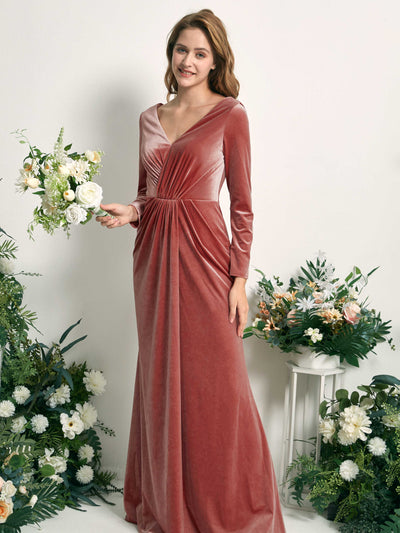 Carlyna Ophelia Mermaid Dusty Rose Velvet Bridesmaid Dress Maxi Long Sleeve V-Neck  #color_dusty-rose