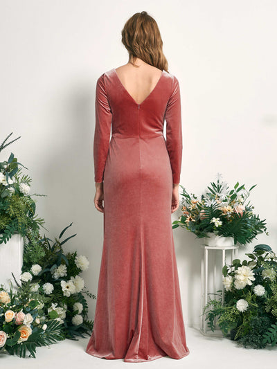 Carlyna Ophelia Mermaid Dusty Rose Velvet Bridesmaid Dress Maxi Long Sleeve V-Neck  #color_dusty-rose