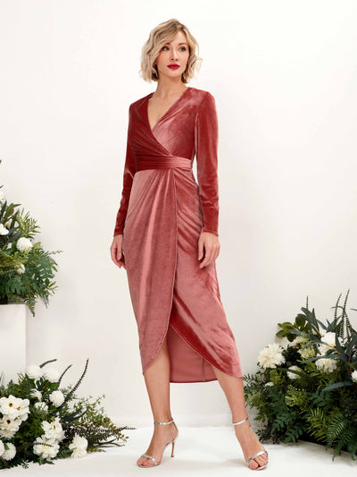 Carlyna Jenny Sheath Dusty Rose Velvet Bridesmaid Dress Midi Long Sleeve V-Neck  #color_dusty-rose