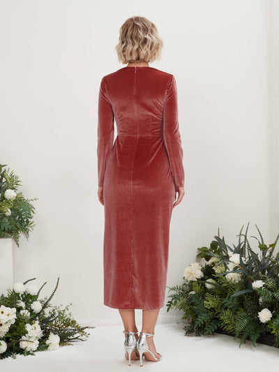 Carlyna Jenny Sheath Dusty Rose Velvet Bridesmaid Dress Midi Long Sleeve V-Neck  #color_dusty-rose
