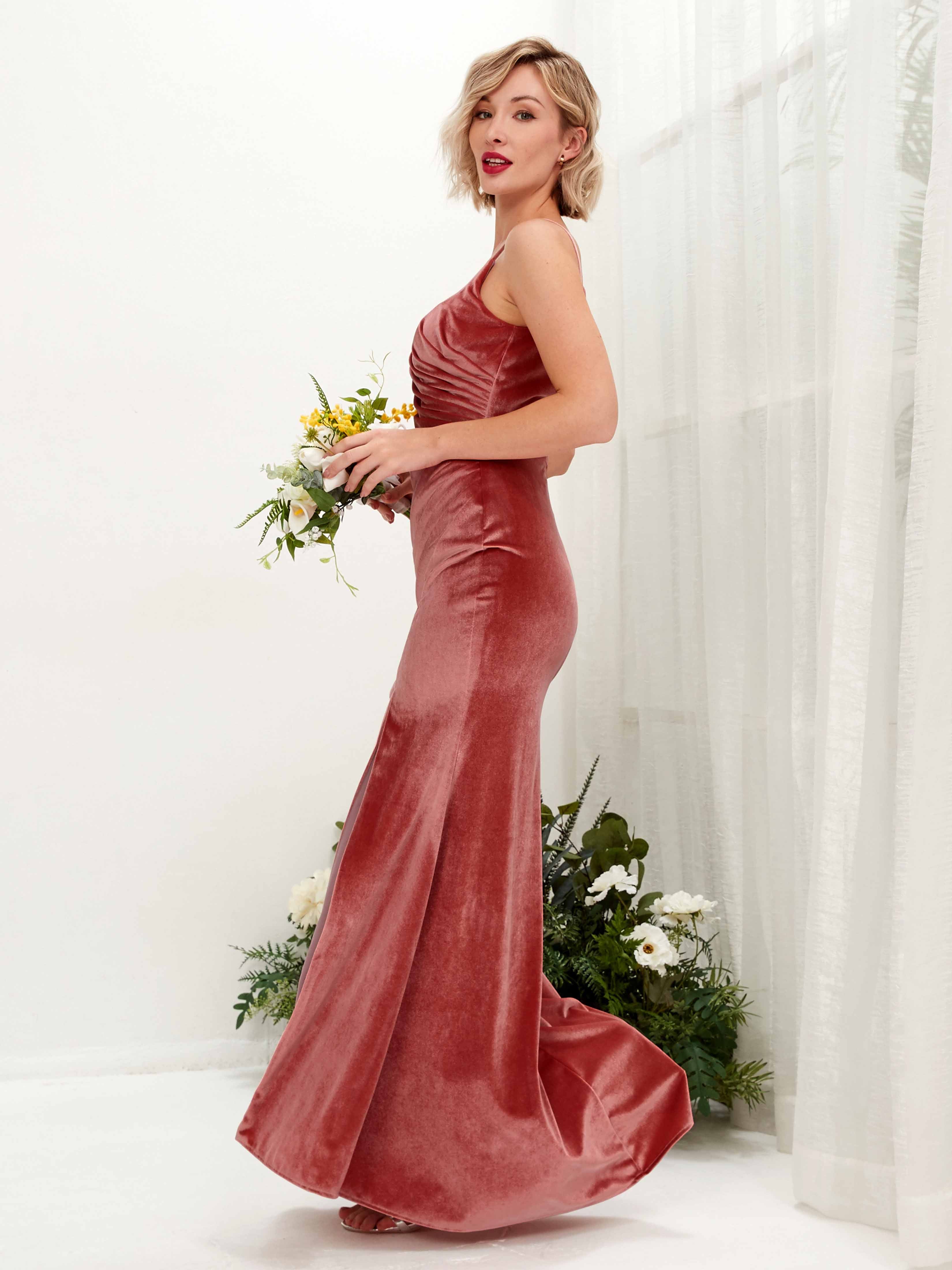 Dusty Rose Velvet Bridesmaid Dress Mermaid V Neck Maxi With Ruched Leg dusty-rose-velvet-bridesmaid-dress-mermaid-v-neck-maxi-with-ruched-leg