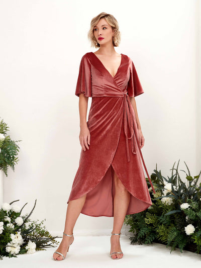 Carlyna Susie Sheath Dusty Rose Velvet Bridesmaid Dress Midi Half Sleeve V-Neck Dress #color_dusty-rose