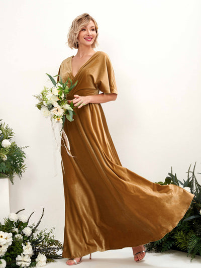Carlyna Erica A-Line Burnished Gold Velvet Bridesmaid Dress Maxi Short Sleeve V-Neck Dress Front View #color_burnished-gold
