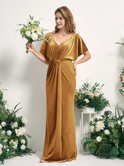 Carlyna Wanda Mermaid Burnished Gold Velvet Bridesmaid Dress Maxi Cap Sleeve V-Neck Dress #color_burnished-gold