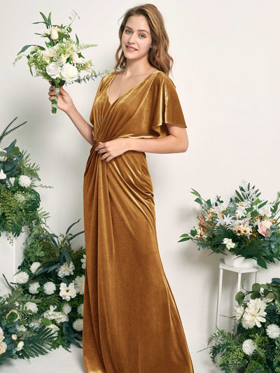 Carlyna Wanda Mermaid Burnished Gold Velvet Bridesmaid Dress Maxi Cap Sleeve V-Neck Dress #color_burnished-gold