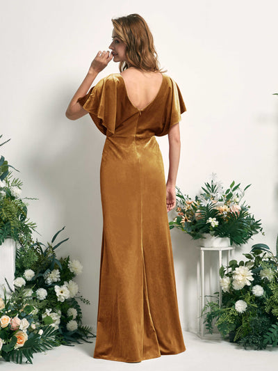 Carlyna Wanda Mermaid Burnished Gold Velvet Bridesmaid Dress Maxi Cap Sleeve V-Neck Dress #color_burnished-gold