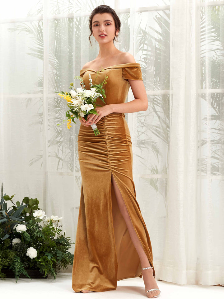 Burnished Gold Velvet Bridesmaid Dress Off the Shoulder Maxi with Ruched Leg Slit Carlyna UK 99.00 Burnished Gold Velvet Bridesmaid Dress Off the Shoulder Maxi with Ruched Leg Slit Carlyna UK 99.00