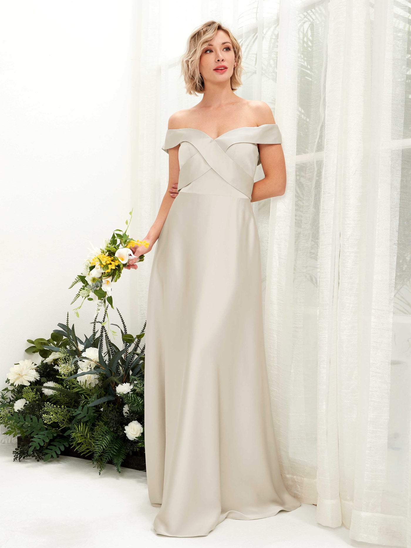A-line Ball Gown Off Shoulder Sweetheart Satin Bridesmaid Dress - Champagne (80224204)#color_champagne