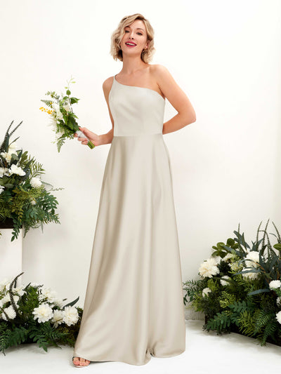 Carlyna Dinah A-Line Champagne Satin Bridesmaid Dress Maxi Sleeveless One Shoulder Dress Front View #color_champagne