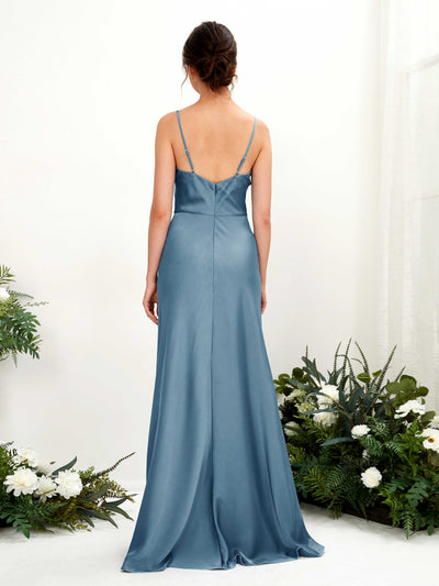 Carlyna Flora A-Line Ink blue Satin Bridesmaid Dress Maxi Sleeveless Cowl Neck Dress Back View #color_ink-blue
