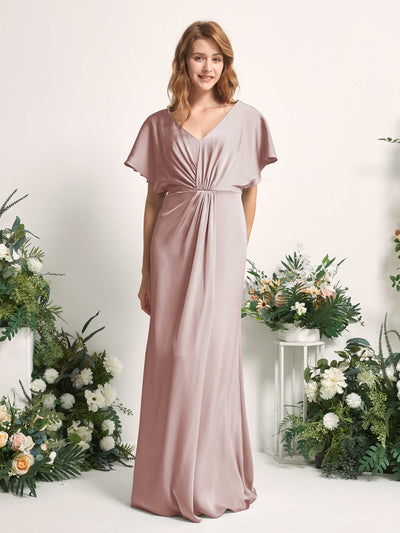Carlyna Bailey A-Line Dusty Rose Satin Bridesmaid Dress Maxi Cap Sleeve V-Neck Dress Front View #color_dusty-rose